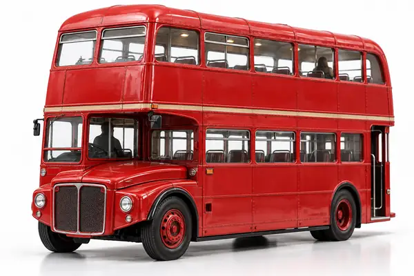 Un bus à impériale rouge transformé en modèle 3D miniature détaillé, isolé sur un fond blanc lumineux.