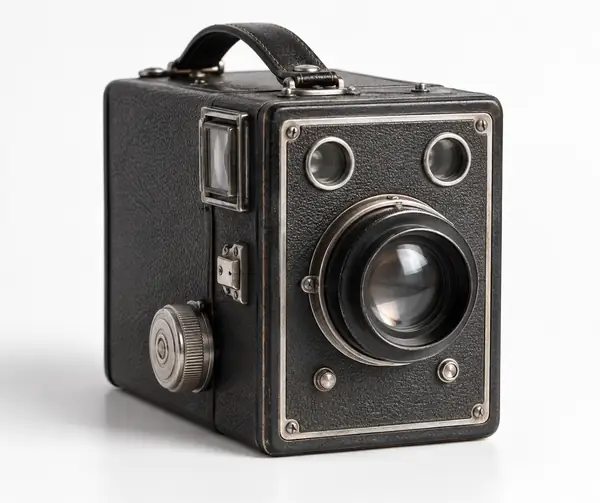 Un appareil photo vintage à boîtier gris foncé sous forme de miniature en relief, avec un objectif proéminent, isolé sur fond blanc.