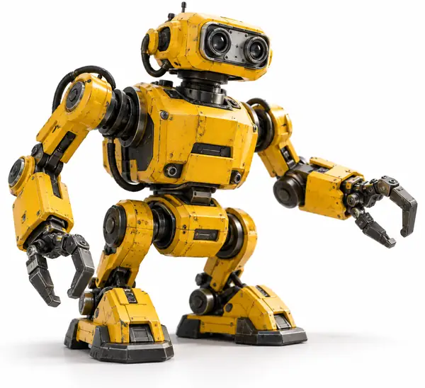 Une miniature de robot mécanique jaune et graphite aux bras articulés, isolée sur fond blanc.