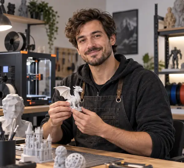 Portrait d’un spécialiste fictif de l’impression 3D dans un atelier contemporain, sur fond neutre, avec une expression amicale.