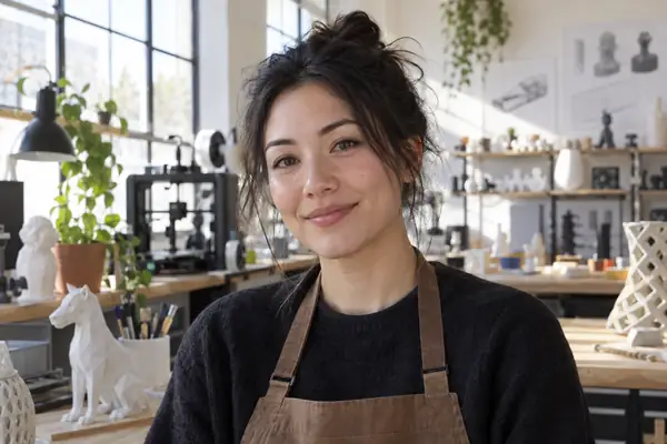 Portrait d’un designer de produits fictif dans un atelier lumineux, photographié naturellement en plan rapproché des épaules à la tête.