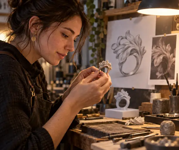 Portrait d’une artiste joaillière fictive à son établi, cadré de près sous une chaude lumière de studio.