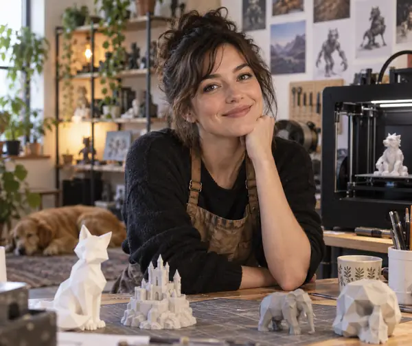 Portrait d’une créatrice indépendante fictive souriante dans un studio de création à l’éclairage doux.