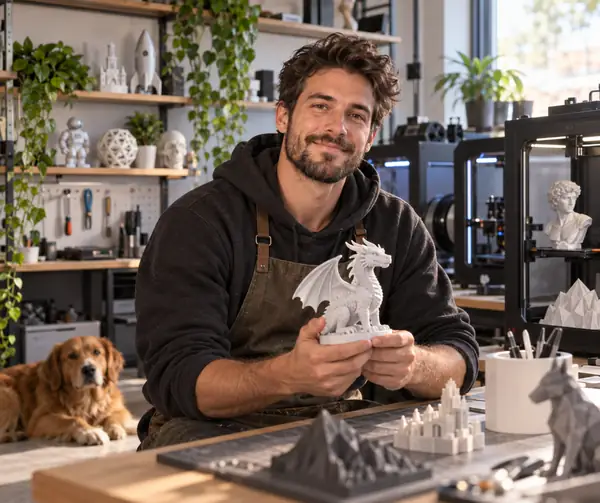 Portrait du propriétaire fictif d’un atelier d’impression 3D dans un espace de fabrication bien rangé, sous une lumière douce et naturelle.