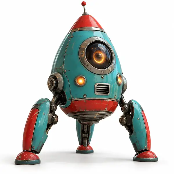 Un modèle ludique de robot-fusée bleu sarcelle et rouge à trois pattes, présenté sur un fond blanc épuré.