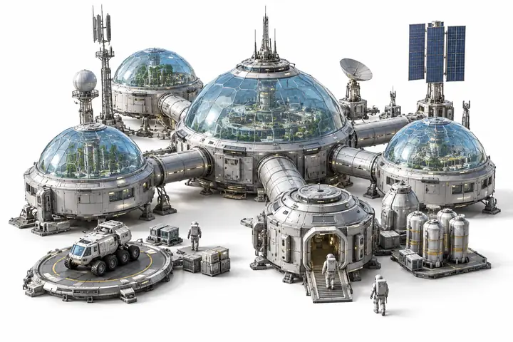 Un modèle détaillé de colonie spatiale de science-fiction argentée, doté de dômes bleu pâle, isolé sur un fond de studio blanc épuré.