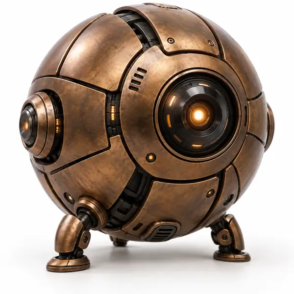 Un modèle de robot sphérique de science-fiction en bronze, doté de panneaux extérieurs segmentés, isolé sur fond blanc.